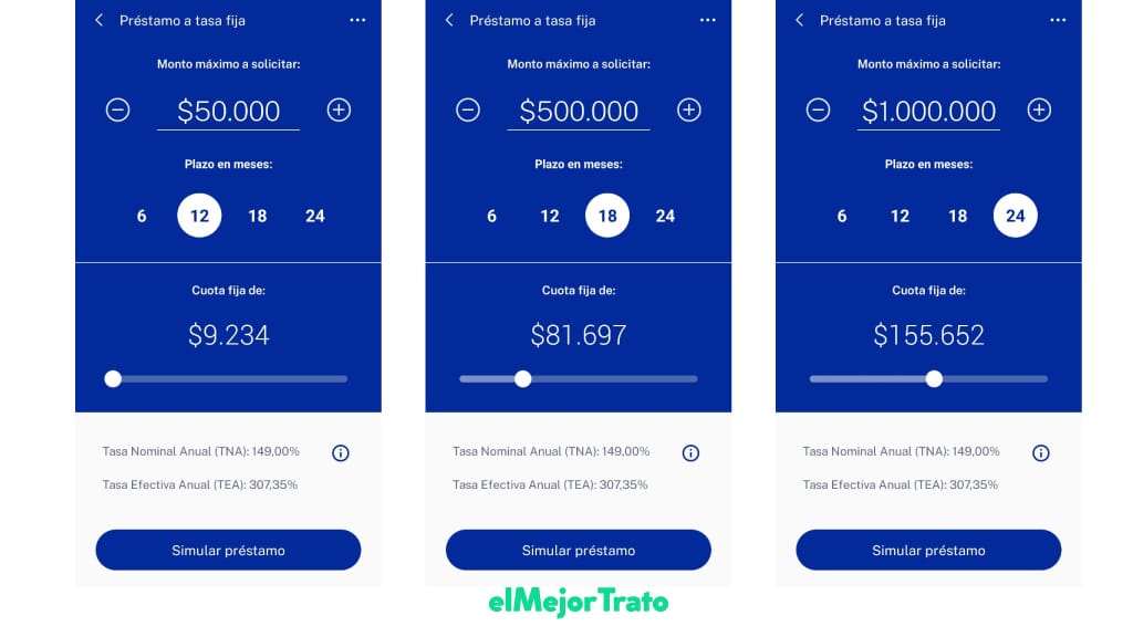 Simulación real de 3 montos de un préstamo Ualá